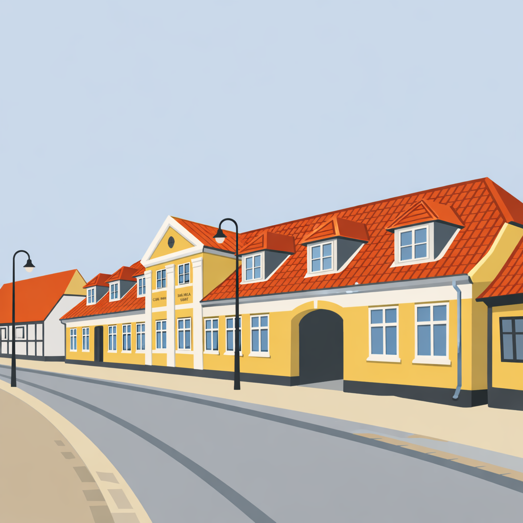 Illustration af Algades gule bygninger og røde tage, vist i sepia